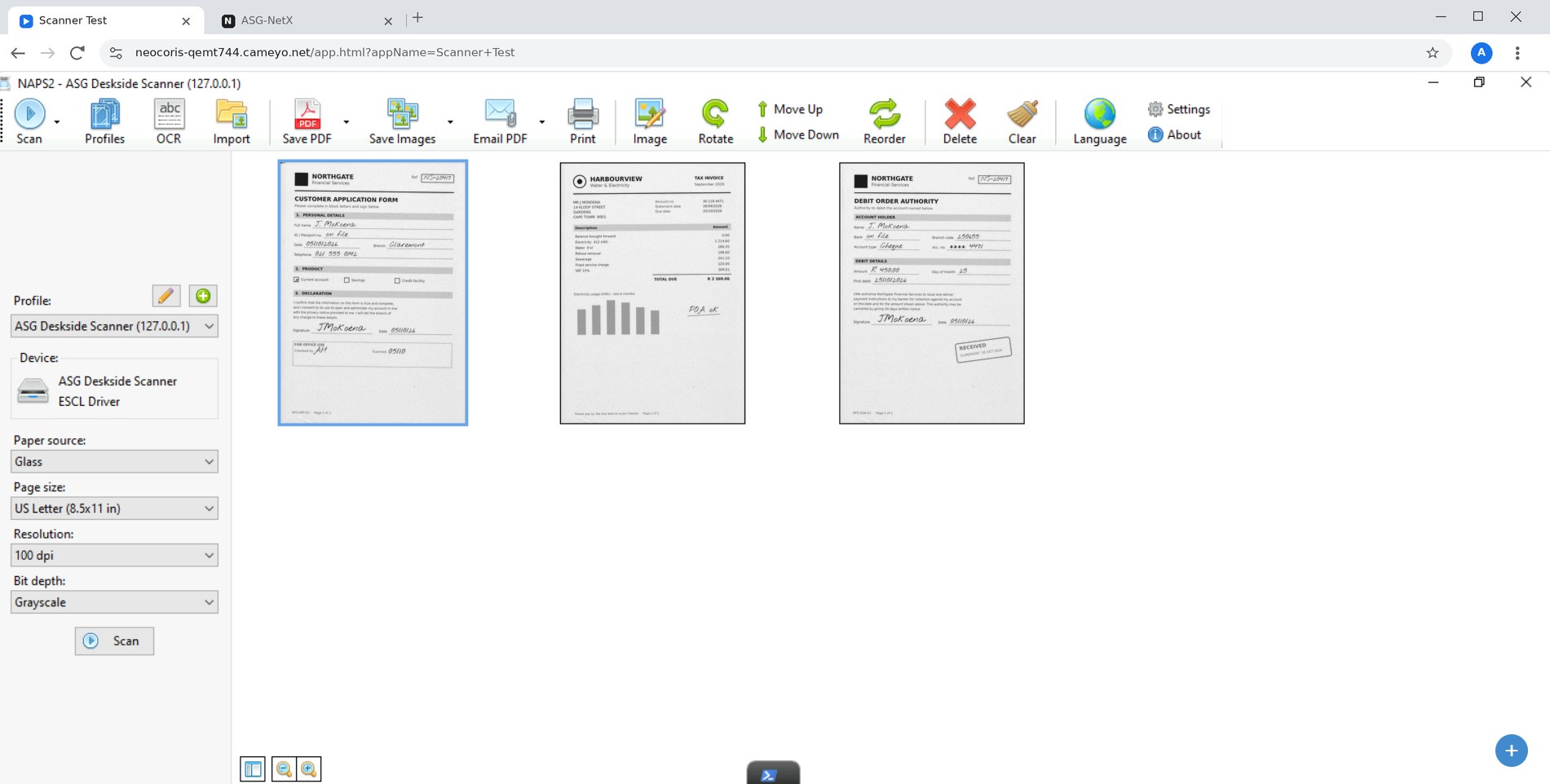 A Cameyo session in the browser showing three pages just scanned at the desk, open in the application.