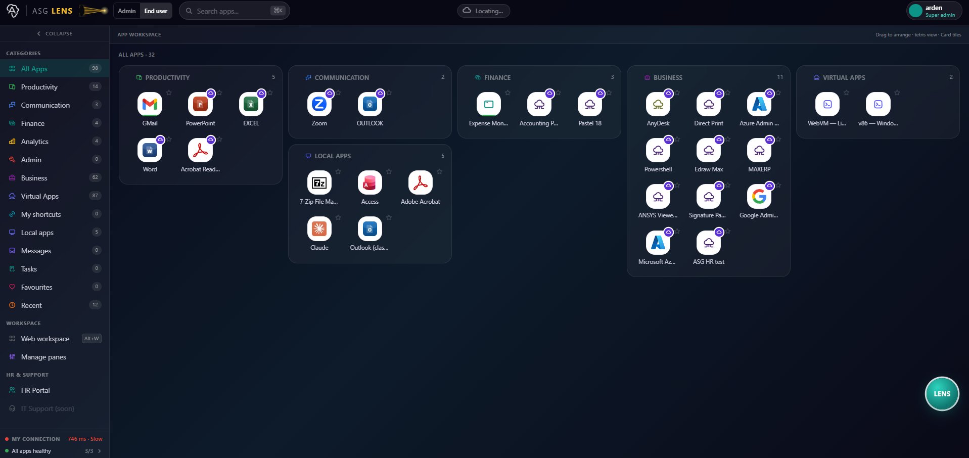 The ASG-LENS app workspace: applications grouped by category, with Cameyo virtual apps, local apps, favourites, messages, tasks, web workspace panes, and a live connection and app-health indicator.